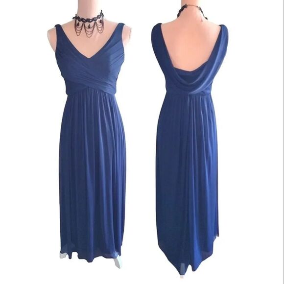 David's Bridal Marine Blue Long Mesh Cowl Back Sleeveless Formal Dress Size 2 - Picture 5 of 15